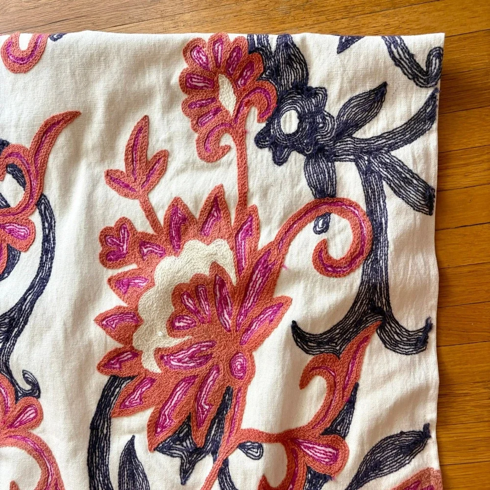 Vintage Anthropologie Embroidered Wool Curtain Pair 50x96 Floral Crewel Bohemian